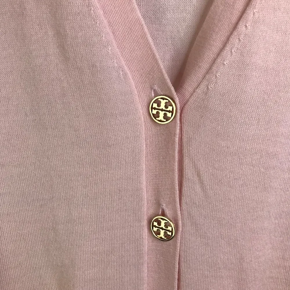 Tory Burch Madeline Cardigan Wmns Size XS/TP Coastal‎ Pink Gold Logo Buttons